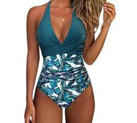 XYNM Bikini Mujer Trajes De Baño Una Pieza Las Mujeres Control del Estómago para Halter V Cuello Criss Cross Ruched Empujar Arriba Traje Adelgazante-Blue-Leaf-m