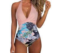 XYNM Bikini Mujer Trajes De Baño Una Pieza Las Mujeres Control del Estómago para Halter V Cuello Criss Cross Ruched Empujar Arriba Traje Adelgazante-Pink-Print-m