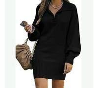 XYNM Vestido Invierno Mujer Mujeres Casual V Cuello De Punto Mini Otoño Suéter Vestidos Manga Larga Suelta Ajuste Acanalado Jersey Suéteres-Negro-s