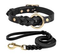 XYRTHSKO Collar y Correa de Cuero Genuino for Perro, Trenzado Duradero, Compatible con Perros medianos Grandes, Pastor alemán Accesorios for Mascotas(Black Set,M)
