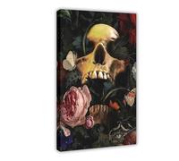 XYSWDD Arte de calavera con flores florecientes, decoración del hogar, regalos, flores góticas, lienzo, pósteres e impresiones estéticas para habitación, dormitorio, oficina, decoración de 20 x 30