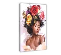 XYSWDD Póster de pared con cabeza de mujer negra, póster de flores de niña, póster de pared e impresiones estéticas para habitación, dormitorio, oficina, decoración de 60 x 90 cm