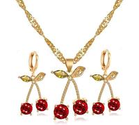 XYTDM Collar de cereza dorada para mujer, collares con colgante de cereza roja, collares de cerezas de cristal rojo, collar de cadena de cerezas de frutas, collar con colgante de frutas, joyería de
