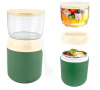 xyuayamz Vasos Yogurtera con Tapa, Portátil Taza de Cereales con Cuchara, 2 en 1 Taza de Yogur, Overnight Oats Jar para el Colegio Trabajo Deporte Camping y los Viajes, Acero Inoxidable, Verde
