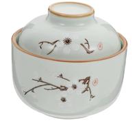 XYUERU Vajilla de cerámica creativa japonesa pintada a mano de 600 ml, taza de estofado de porcelana con tapa, tazón humeante, tazón de ramen, tazón de cereal, ensaladera, utensilios(White)