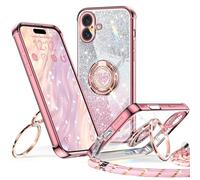 XYZ Funda para iPhone 16 con Doble Soporte, Diseño de Corazón de Lujo con Cordón para Mujeres y Niñas, Funda Protectora Purpurina Brillante, Rosa