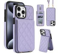 XZC Funda tipo cartera cruzada para iPhone 15 Pro, piel sintética con bloqueo RFID, funda tipo cartera con función atril con 4 ranuras para tarjetas, correa de muñeca (morado, iPhone 15 Pro)