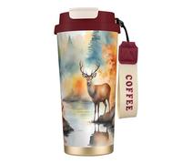 XZDAL Taza de café de acero inoxidable 316 Deer by The River, color rojo con tapa y pajita, para oficina y deportes