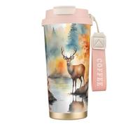 XZDAL Taza de café de acero inoxidable 316 Deer by The River, color rosa con tapa y pajita, para oficina y deportes