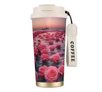 XZDAL Taza de café de acero inoxidable 316 Roses by The Sea, color blanco con tapa y pajita, para oficina y deportes