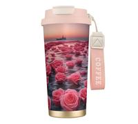 XZDAL Taza de café de acero inoxidable 316 Roses by The Sea, color rosa con tapa y pajita, para oficina y deportes