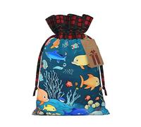 XZDCAL Blue underwater world of fish - Bolsa de regalo de yute con cordón y tela de tartán y etiqueta de papel kraft para festivales y ocasiones especiales, Black, M