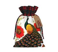 XZDCAL Bolsa de regalo de yute con cordón de flores rojas de pavo real con tela de tartán y etiqueta de papel kraft para festivales y ocasiones especiales