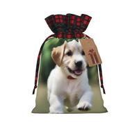 XZDCAL Playful Puppy Premium - Bolsa de regalo de yute con cordón y tela de tartán y etiqueta de papel kraft para festivales y ocasiones especiales