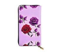 XZDCAL Red and Purple Roses - Cartera larga de piel para niñas y mujeres con múltiples compartimentos, color negro, talla única, Black, Talla única