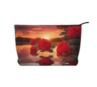 XZDCAL Red Roses at Sunset - Bolsa de maquillaje de pana con forro resistente para viajes y uso diario, color negro, talla única, Black, Talla única