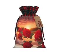 XZDCAL Red Roses at Sunset - Bolsa de regalo de yute con cordón y tela de tartán y etiqueta de papel kraft para festivales y ocasiones especiales