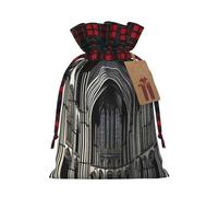 XZDLXJ Bolsa de arpillera con cordón de catedrales góticas con tela a cuadros y etiqueta de papel kraft