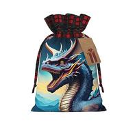 XZDLXJ Bolsa de arpillera con cordón de dragón rugido con tela a cuadros y etiqueta de papel kraft