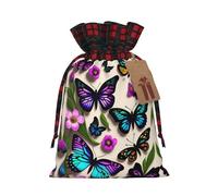 XZDLXJ Bolsa de arpillera con cordón de mariposas moradas, azules y amarillas con tela a cuadros y etiqueta de papel kraft, Black, M