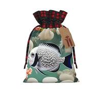 XZDLXJ Bolsa de arpillera con cordón de pescado tropical blanco con tela a cuadros y etiqueta de papel kraft