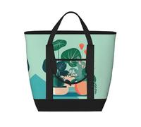 XZDLXJ Bolsa de hombro aislada de gran capacidad con diseño de plantas verdes de dibujos animados para interiores para alimentos fríos y calientes, color negro, talla única, Black, Talla única