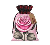 XZDLXJ Hermosa bolsa de arpillera con cordón de rosas rosas con tela a cuadros y etiqueta de papel kraft