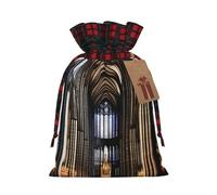 XZDLXJ Una bolsa de arpillera con cordón de catedrales góticas con tela a cuadros y etiqueta de papel kraft, Black, M