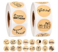 Xzeemo 1000pcs Rollo de Pegatinas Redonda, Etiquetas de Cumpleaños 8 Patrones Autoadhesivas, Pegatinas Papel Kraft para Hornear Bolsas de Regalo Tarjetas Sobres