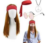 XZEIT 4 Psc Conjunto Disfraz Hippie Años 60 y 70 para Hombres, Fiesta Carnaval Disfraces Hippie, Peluca Collar Gafas de Sol Diadema para Fiesta de Carnaval Temática de Los Años 70 Halloween