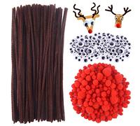 XZEIT 400 Piezas limpiapipas navideños de alambre de chenilla,100 Limpiapipas Tallos Chenilla Pipe Cleaner,150 Ojos Manualidades Ojos Moviles Adhesivos Saltones, 150 Pompones Rojos Manualidades Pompon