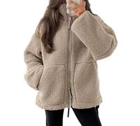 XZEIT Chaqueta holgada de lana de cordero for mujer, abrigo con cremallera de manga larga y cuello levantado, prendas de vestir exteriores cálidas for invierno for mujer (Color : Khaki, Size : S)