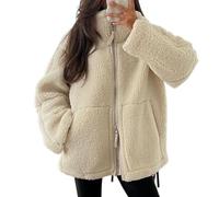 XZEIT Chaqueta holgada de lana de cordero for mujer, abrigo con cremallera de manga larga y cuello levantado, prendas de vestir exteriores cálidas for invierno for mujer (Color : Beige, Size : S)