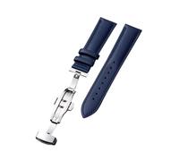 Xzhomfm Correa de reloj de cuero de ternera transpirable estilo clásico 10-22mm con hebilla mariposa de doble botón pulsador plateada, Azul, 19mm