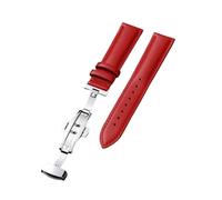 Xzhomfm Correa de reloj de cuero de ternera transpirable estilo clásico 10-22mm con hebilla mariposa de doble botón pulsador plateada, Rojo, 13mm