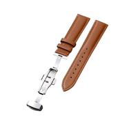 Xzhomfm Correa de reloj de cuero de ternera transpirable estilo clásico 10-22mm con hebilla mariposa de doble botón pulsador plateada, Marrón, 21mm