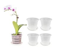 XZJMY Paquete de 5 macetas para orquídeas, macetas de orquídeas de 4.3 Pulgadas con Agujeros y platillos, macetas de plástico Transparente para orquídeas con Ranuras Transpirables (Blanco)