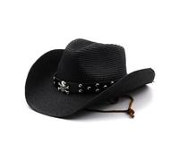Xzmzbxzb Sombrero de Vaquero Vintage Estilo Occidental Grande de Metal con ala de Calavera Sombrero de Paja Tejido Sombrero de Vaquero Accesorio para Verano a Prueba de Sol