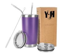 Y·JH 20oz (550ml) Taza Termo Cafe Para Llevar - Vaso Con Pajita - Taza Térmica de Acero Inoxidable Reusable - 2 Tapas a Prueba de Salpicaduras Pajitas - Morado