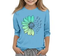 y niñas Casual Color sólido cuello redondo siete puños camiseta Top 3 13 años niña camisa coches, azul claro, 4-5 años