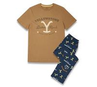 Y Yellowstone Conjunto de Pijama para Hombre | Adultos Dutton Ranch Tan Camiseta Gráfica De Manga Corta Y Azul Marino con Estampado De Piernas Largas PJs | Use la Ropa de la Marca Western TV Show