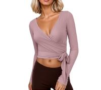 Y2k Ballet Wrap Top Manga Larga Cuello en V Profundo Slim Fit Yoga Pilates Ballet Entrenamiento Tops Sexy Opaco Suave Vendaje Camisa Monocolor Blusa Envolvente Ropa de Danza Ropa de Baile, F01 Rosa