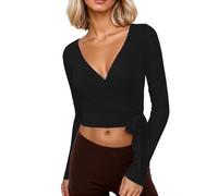 Y2k Ballet Wrap Top Manga Larga Cuello en V Profundo Slim Fit Yoga Pilates Ballet Entrenamiento Tops Sexy Opaco Suave Vendaje Camisa Monocolor Blusa Envolvente Ropa de Danza Ropa de Baile, F01 Negro