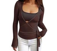 Y2k Ballet Wrap Top Manga Larga Cuello en V Profundo Slim Fit Yoga Pilates Ballet Entrenamiento Tops Sexy Opaco Suave Vendaje Camisa Monocolor Blusa Envolvente Ropa de Danza Ropa de Baile