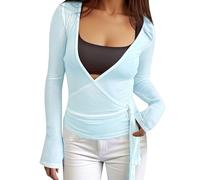 Y2k Ballet Wrap Top Manga Larga Cuello en V Profundo Slim Fit Yoga Pilates Ballet Entrenamiento Tops Sexy Opaco Suave Vendaje Camisa Monocolor Blusa Envolvente Ropa de Danza Ropa de Baile, B01 Azul, S