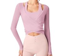 Y2k Ballet Wrap Yoga Top Manga Larga Cuello en V Profundo Corte Slim Fit Pilates Ballet Entrenamiento Tops Sexy Opaco Suave Vendaje Camisa Monocolor Blusa Envolvente Ropa de Danza Ropa de Baile, D01