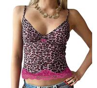 Y2K Cami Top Leopard Print Spaghettiträger durchsichtig Mesh Ruched Camisoles ärmellos Crop Tank Top E-girl Sommer Streetwear, Marrón Rosa, S