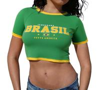 Y2K - Camiseta deportiva para mujer, cuello redondo, manga corta, verano, Brasil, sin vientre, adolescentes, niñas, vintage, uniformes de animadora, transpirables, ropa de calle, S verde claro, L