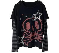 Y2K Camiseta Manga Larga Faux Dos Piezas Harajuku Suelta Punk Tees Casual Rock Emo Grunge Tops Estéticos Patchwork Rayas Manga Larga Camiseta Streetwear, Negro , S