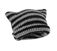Y2k Cat Beanie Divertido Sombrero con Orejas Señoras Crochet Sombrero Gato Vintage Beanie Señoras Fox Sombrero Accesorios Casual Beanie Striped Cat Ear Hat Unisex(Negro y Gris)